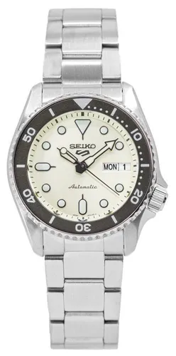 Seiko 5 Sports Automatik Sports SRPK31K1 - 38mm Herrenuhr - Herrenuhr mit 38mm Automatikwerk, elegantem weißen Zifferblatt und robustem Edelstahlarmband für sportliche Eleganz im Alltag.