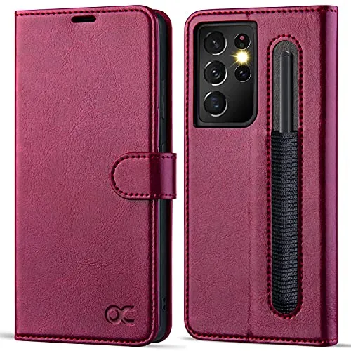 OCASE Samsung S21 Ultra Hülle mit S Pen Halter, Handyhülle[Premium PU Leder] [Kartenfach] [Standfunktion] Flip Case Cover RFID Schutzhülle Etui Klapphülle Burgundy