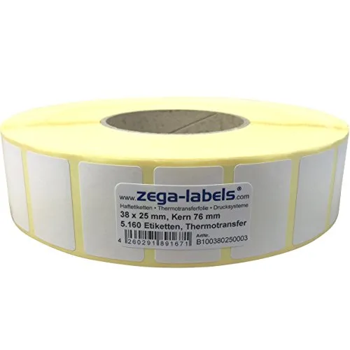 Thermotransfer Etiketten auf Rolle - 38 x 25 mm - 5.160 Stück je Rolle - Kern: 76 mm - aussen gewickelt - permanent haftend - Druckverfahren: Thermotransfer (Drucken mit Farbband)