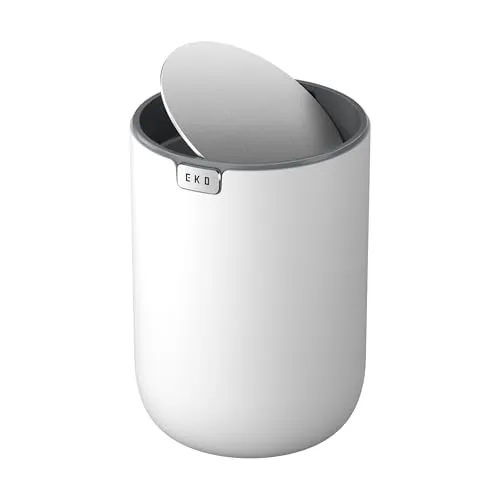 Produktbild EKO Mini Tischmülleimer mit deckel, 1,5 Liter Kosmetikeimer Weiß, Kleiner Tischabfalleimer für Bad, Schreibtisch, Schlafzimmer oder Auto, Mülleimer mit Edelstahl-Sockel, Small Table Bin, Papierkorb