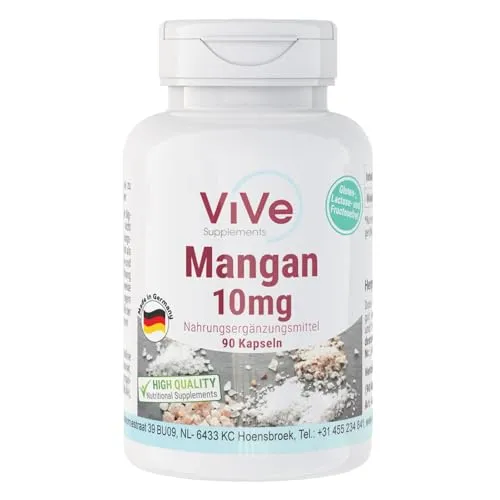Mangan 10 mg - 90 Kapseln - Hochdosiert - Essentielles Spurenelement - Vegan | Qualität aus Deutschland von ViVe Supplements