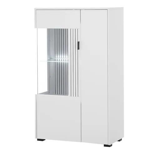 Lomadox Highboard Vitrine Vitrinenschrank Standvitrine modern LED Beleuchtung weiß matt schwarz gerillt 75x125x38 cm