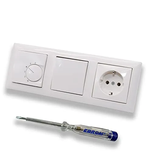 Halmburger UP Raumthermostat Raumtemperaturregler RTR-5510rg in Busch Jäger Balance SI alpinweiß Rahmen + Wechselschalter 2000/6 US + Steckdose + EBROM Phasenprüfer zur Montage der Geräte RTR-5510 rg