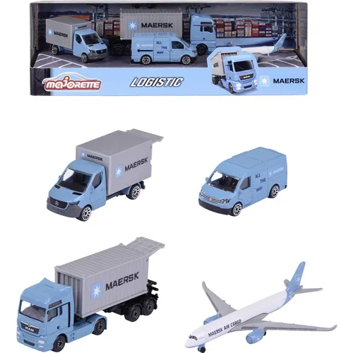 Majorette Maersk Transport-Fahrzeuge Geschenkset - Flugzeugspielset für Kinder - 4 hochwertige Metallfahrzeuge inklusive MAN LKW, Mercedes-Benz Sprinter, Volkswagen Crafter und Airbus Flugzeug, ideal für kreative Spielideen ab 3 Jahren.