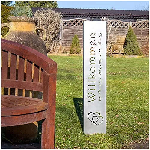 teileplus24 GS01-DH-1 Willkommen Gartenstecker Gartenschild | Rost Garten Deko | 3D Abkantung | 120cm x 21cm, Design:Doppelherz