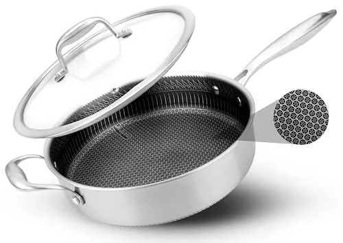 Produktbild NutriChef Edelstahlpfanne 3,2 L mit Deckel – Antihaft Wabenstruktur Induktion Kratzfest und Spülmaschinengeeignet, Triply-Aluminiumkern, Für Gas, Elektro, Ceran und Ofen bis 260 °C