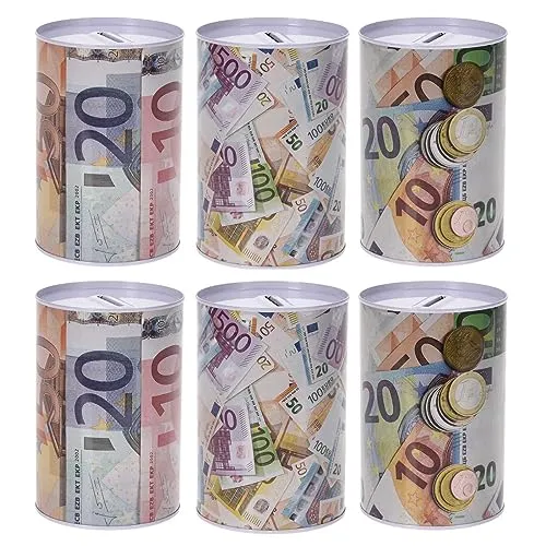 6er Set Spardose im Euro-Design Ø 9,5cm Metall Blech Dose Sparbüchse Gelddose Metallspardosen Geldspardose