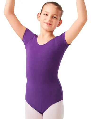 tanzmuster Ballettanzug Mädchen Kurzarm - Sally - aus weichem Baumwollstoff - Ballett Trikot Ballettbody in lila, Größe 104/110