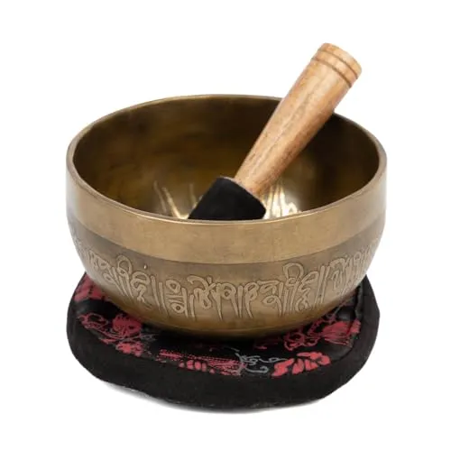 Bodhi Tibetische Klangschale Ø 11 cm – Handgefertigtes Set mit Buddha Gravur - Klangschalen für Meditation: Hochwertige handgefertigte Klangschale aus Bronze mit wohltönendem Klang, inklusive Kissen und Klöppel – ideal für Entspannung und spirituelle Praktiken.