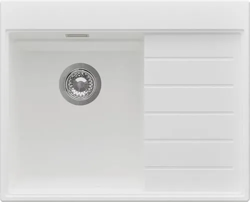 PRIMAGRAN Spülbecken ab 40er Unterschrank + Ablauf-Set, 62x50cm | Set: Ablauf-Set (Siphon, Ablaufgarnitur, Überlauf) + Granitspüle 1 Becken - Sydney Ergo, Weiß