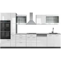 Vicco Küchenzeile R-Line 350 cm - Hochglanz Weiß/Anthrazit - Moderne Küchenzeile mit hochwertiger AP Marmor Arbeitsplatte, ideal für stilvolle Küchen. Hohe Funktionalität und elegantes Design in Weiß Hochglanz und Anthrazit.