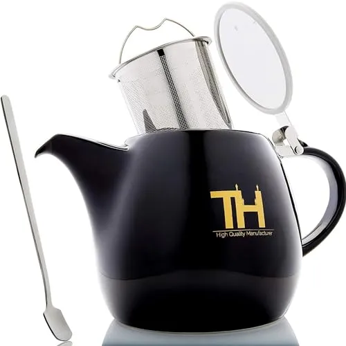Thiru Design Teekanne 1,2L - Handgefertigte Porzellan Teekanne mit Edelstahl Siebeinsatz - Schwarze Teekannen mit innovativem, tropffreiem Mundstück und herausnehmbarem Sieb für perfekten Teegenuss. Ideal für die ganze Familie und 60 Tage risikofrei testen!