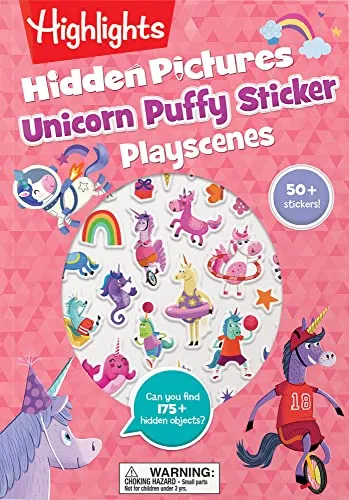 Unicorn Hidden Pictures Puffy Sticker Playscenes: Unicorn Sticker Activity Book, 50+ Reusable Stickers, Decorate Pictures and Solve Puzzles, Sticker Book for Kids (Highlights Puffy Sticker Playscenes)