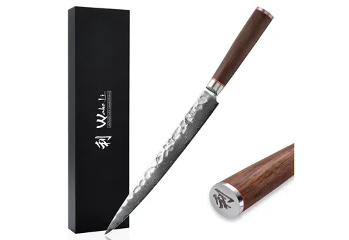 Wakoli Allzweckmesser Nussbaum Damast Sashimi 25 cm - Spickmesser mit 25 cm Damaststahlklinge, ideal für hauchdünne Fischscheiben, kombiniert traditionelle Handarbeit mit modernem Design und bietet außergewöhnliche Schärfe.