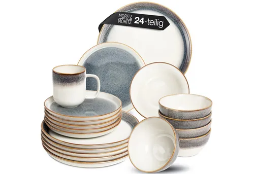 Moritz & Moritz TARENTO 24-tlg. Geschirrset für 6 Personen - Tafelservice in elegantem Grau-Weiß, aus robustem Steinzeug, spülmaschinen- und mikrowellengeeignet - ideal für jeden Anlass!