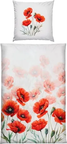 Erwin Müller Mako-Satin Bettwäsche Mohnblume - 80x80 cm / 135x200 cm - Bettwäsche-Sets in seidig-weicher Qualität mit leuchtenden Mohnblumen für sommerliche Lebensfreude. Temperaturausgleichend und pflegeleicht mit praktischem Reißverschluss.