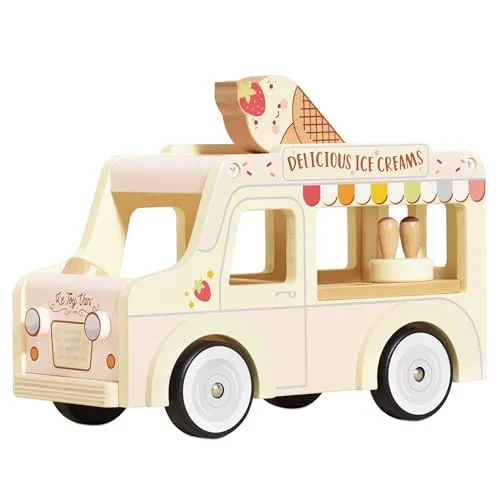 Le Toy Van Eiscremewagen aus Holz - Spielzeug-PKW mit Klappdach und Servierfenster, ideal für kreative Spielstunden und geeignet für alle Le Toy Van Figuren. Maße: L 26,8 x B 12,6 x H 19 cm, ab 3 Jahre.