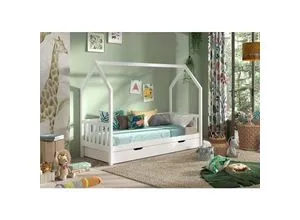 CABANE Hausbett 90x200 cm - Modernes Kinderzimmermöbel mit seitlicher Umrandung und praktischer Bettschublade. Der Dachaufbau ist individuell gestaltbar und aus hochwertiger, weiß lackierter Kiefer gefertigt.