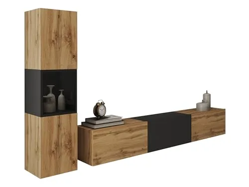 Mirjan24 Wohnwand Bentlor I, Mediawand, Schrankwand, im Set Vitrine, TV-Lowboard, Anbauwand kann aufgestellt BZW. aufgehängt Werden (Wotan Eiche + Schwarzer Graphit, ohne Beleuchtung)