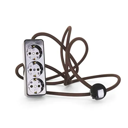 3-Fach Steckdosenleiste aus Duroplast (Bakelit-Optik) schwarz, mit 2.5 Meter Textilkabel Zuleitung, Braun