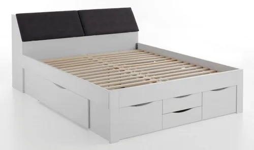 Funktionsbett Maxi 180 mit Rolllattenrost - Praktisches Funktionsbett 180 x 200 cm mit 6 Schubladen, ideal für optimalen Stauraum und Komfort. Pflegeleichte Oberfläche in Weiß und klappbare Kopfteilblenden für einfachen Zugang.