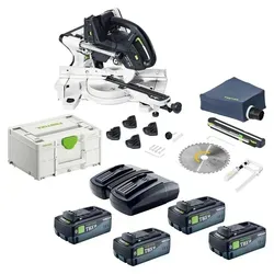 Festool KAPEX KSC 60 EB-Basic Kappsäge mit 4 Akkus und Ladegerät - Leistungsstarke Kappsäge für präzise Holzarbeiten, inkl. 4 Lithium-Ionen-Akkus (8 Ah) und Ladegerät. Kompakt und vielseitig für den mobilen Einsatz.