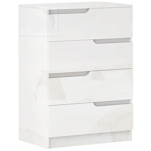 HOMCOM Moderne und minimalistische Kommode mit 4 Schubladen, Kommode aus Holzspanplatten, 60x40x85 cm, Weiß glänzend