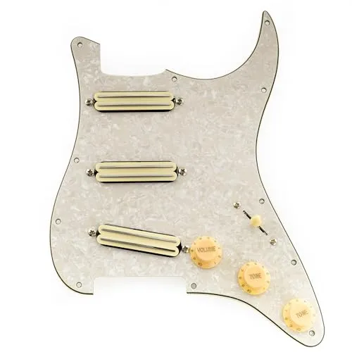 Musiclily Pro-SE ST-DPHC SSS Vorverdrahtetes Schlagbrett Pre-Wired Pickguard mit Keramik Mini Rail Humbucker für Strat Style E-Gitarre, 4-lagig Aged White Pearl