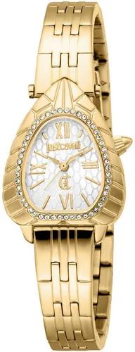 Just Cavalli Armbanduhr JC1L366M0055 für Damen - Silbergrau aus Edelstahl - Elegante Damen-Armbanduhr im ovalen Design mit goldfarbenem Edelstahlarmband und 3-Zeiger-Anzeige. Ideal für modebewusste Frauen, die ein stilvolles Accessoire suchen.