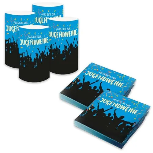 SET 40x itenga Servietten und 6x Windlicht Jugendweihe in schwarz von itenga