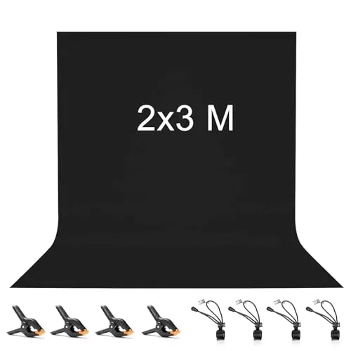 Vevelux Fotografie-Hintergrund 2 * 3 M, Foto Hintergrund aus 100% Polyester mit 4 große Studio Klemmen & 4 Tarp Clip, Schwarz Screen für Fotostudio, Video und Fernsehen