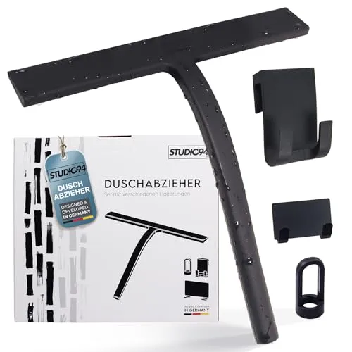 Studio94 Duschabzieher – Abzieher für Dusche, Bad, Fliesen, Fenster, Spiegel – Material: schwarzes Silikon mit Edelstahlkern – inkl. diverser Halterungen – Montage ohne Bohren