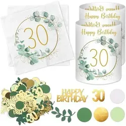 Grünes Eukalyptus Deko Set für den 30. Geburtstag - Elegantes Partyzubehör für den 30. Geburtstag mit hochwertiger Tischdekoration. Das Set umfasst Servietten, Windlichter und Konfetti, alles aus umweltfreundlichen Materialien, ideal für eine stilvolle Feier.