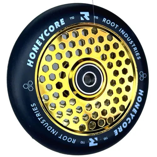 Root Industries Honeycore Stunt-Scooter Rolle 110mm Gold / PU Schwarz - Cityroller & Kickboards mit einzigartigem Bienenwaben-Design für geringes Gewicht von nur 203 g. Ideal für Pro-Rider und perfektes Upgrade für Street oder Park!