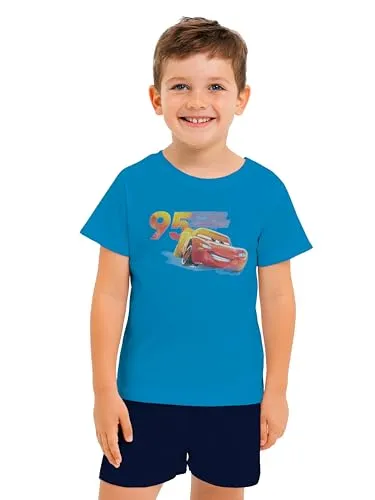 Disney Cars Schlafanzug für Jungen - Lightning McQueen Kinder Pyjama Set Kurzarm Oberteil mit Hose Blau (as3, Numeric, Numeric_110, Numeric_116, Regular, 110-116)
