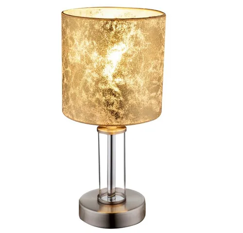 GLOBO LIGHTING Tischleuchte mit Textilschirm - Stylische Tischleuchte aus Nickel mit goldfarbenem Textilschirm. Ideal als Leseleuchte im Büro oder gemütliches Nachtlicht im Schlafzimmer. E14 Fassung für Leuchtmittel bis 40 Watt, bequem über Kabelschalter ein- und ausschaltbar.