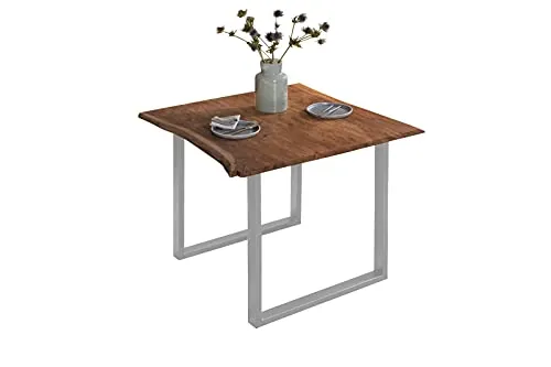 SAM Esszimmertisch 80x80 cm Billy, echte Baumkante, Esstisch aus Akazienholz massiv + nussbaumfarben, Baumkantentisch mit U-Gestell Silber