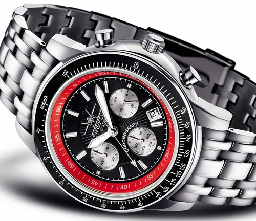 FIREFOX AIRLINER Edelstahl Herrenuhr Chronograph Seiko Werk schwarz rot 10 ATM - Armbanduhr für Herren, sportlich und elegant mit 10 ATM Wasserdichtigkeit, ausgestattet mit Chronograph und Datumsanzeige für präzise Zeitmessung.