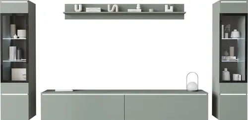 Mirjan24 Wohnwand Doppo II – Griffloses Design in Nebelgrün - Wohnwände: Hochwertige Schrankwand mit griffloser Öffnung und weißer LED-Beleuchtung, ideal für modernes Wohnen und flexible Aufstellmöglichkeiten.