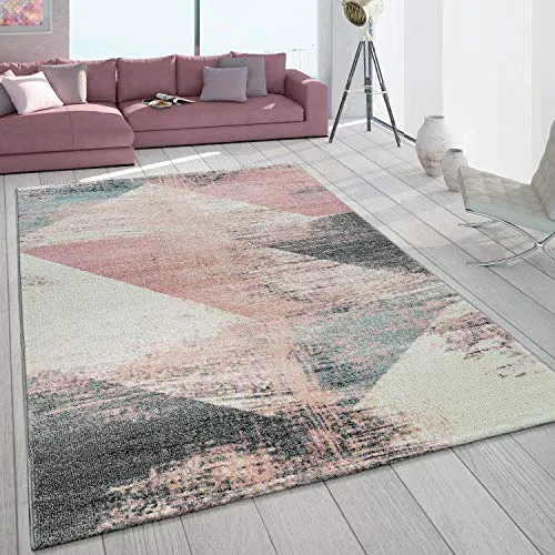 Paco Home Teppich Grau Weiß Rosa im Vintage Design - Teppich im modernen Dreieck Muster, aus 100% Polypropylen, maschinell gewebt und ideal für Fußbodenheizung bis 24 Grad.
