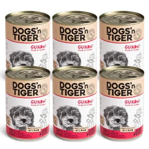 Dogs’n Tiger Adult Premium Hundefutter Guadn, Nassfutter, tiergerechte Rezeptur mit 67% Fleischanteil an Rind, Leinsamenöl & Kräuter – ohne Zucker, Getreide & künstliche Aromen, 6X 400g