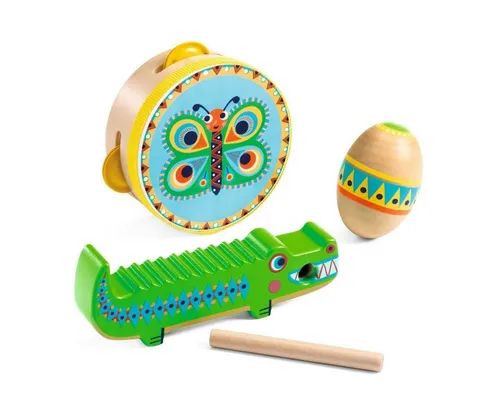 DJECO Spielzeug-Musikinstrument Animambo Schlaginstrumente: Tamburin, Maracas, Guiro
