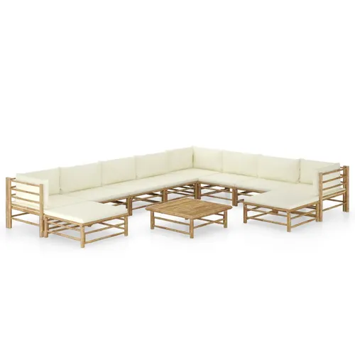 vidaXL 11-tlg. Garten-Lounge-Set mit Cremeweißen Kissen aus Bambus - Gartenmöbel - Trendiges und robustes Lounge-Set aus Bambus mit abnehmbaren, waschbaren Kissen für höchsten Komfort. Modularer Aufbau für individuelle Gestaltung Ihres Loungebereichs.