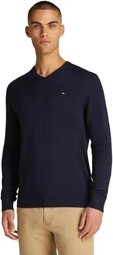 Tommy Hilfiger Herren Pullover Essential Cotton V-Ausschnitt, Blau (Desert Sky), S