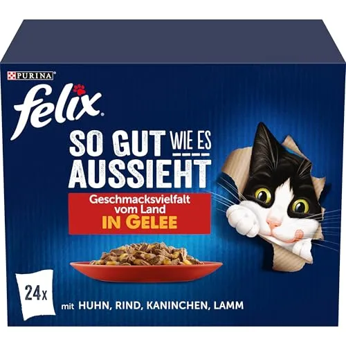 FELIX So gut wie es aussieht Katzenfutter nass Geschmacksvielfalt vom Land in Gelee mit Huhn, Rind, Kaninchen, Lamm, 4er Pack (4 x 24 Beutel à 85g)