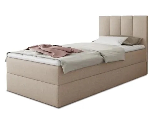 Boxspringbett Star Mini - Einzelbett mit Bettkasten und Topper - Stylisches Polsterbett mit Bettkasten für zusätzlichen Stauraum. Inklusive Luxus Bonell-Matratze und hochelastischem Matratzentopper für optimalen Schlafkomfort.