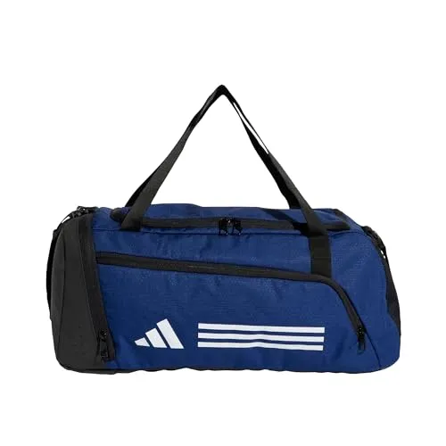 adidas Unisex Essentials 3-Stripes Duffel Bag, Dark Blue/White, S - Klassische Sporttasche aus 100 % recyceltem Polyester, mit mehreren Taschen und verstellbarem Schulterriemen für optimalen Tragekomfort.