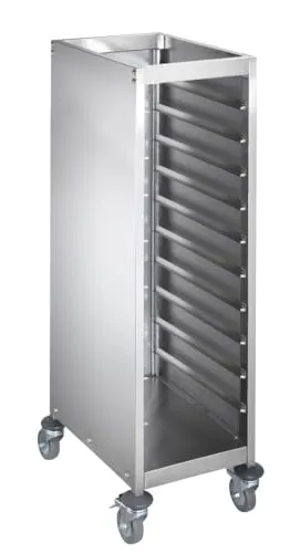 GastroHero Tablettwagen ECO 10 geschlossen - Gastronomie Zubehör, robuster Edelstahl-Tablettwagen für 10 Tabletts mit breitem Abstand für einfache Handhabung und 4 lenkbaren Rädern für optimale Mobilität.