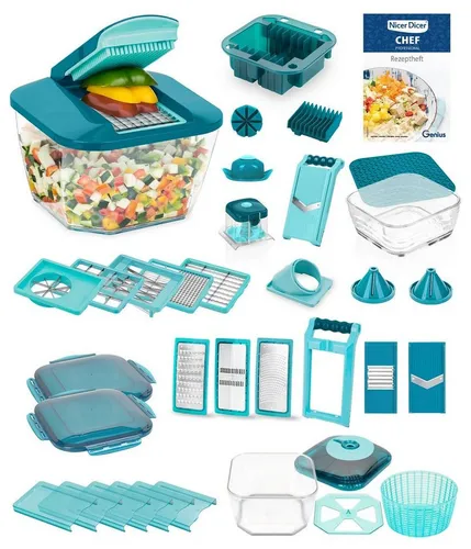 Nicer Dicer Chef Professional Deluxe 39-tlg - Gemüsehobel mit 5.2L Behälter, extra scharfen Edelstahl-Klingen und vielseitigen Schneideinsätzen – ideal für schnelle und einfache Zubereitung von Mahlzeiten.