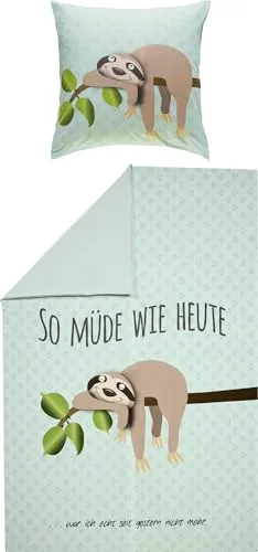 Erwin Müller Kinder-Bettwäsche, Bettgarnitur Faultier Renforcé helltürkis Größe 80x80 cm / 135x200 cm - temperaturausgleichend, strapazierfähig, mit praktischem Reißverschluss
